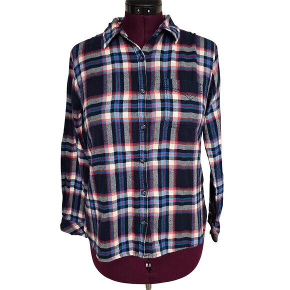 Women's Dickies Navy Blue Colorful Plaid Flannel Button Down Shirt | Size Medium - Picture 1 of 9